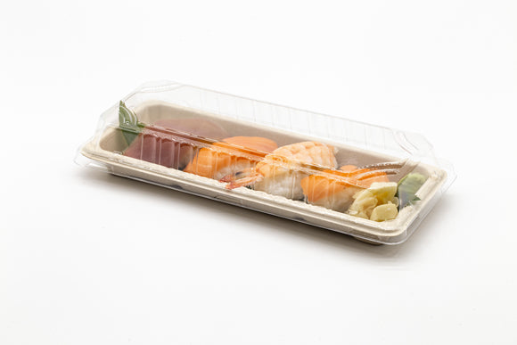 ST-2G Fiber Pulp Take Out Rectangle Sushi Container with Clear Lid 100sets