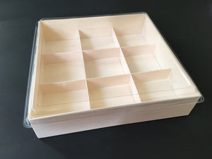 WBRT-440 8.42"x8.42"  9 Compartments Wooden Box Food Sushi Container w/ Plastic Lids