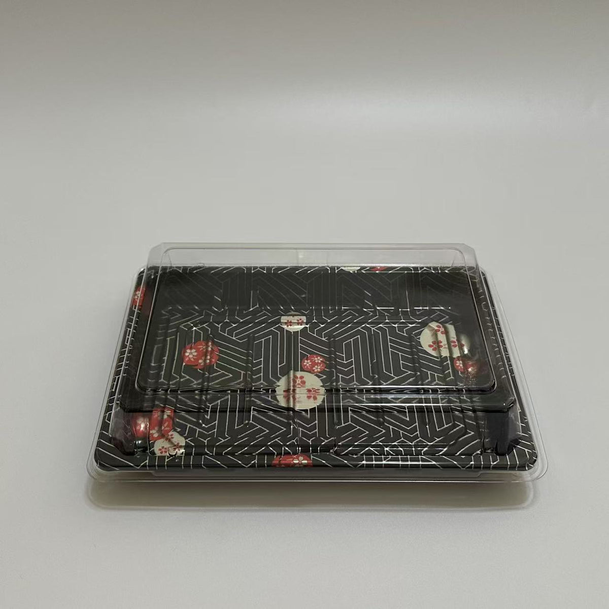 ST-4-010 Heavy Duty Sakura/Black Sushi Tray with Clear Lid 100sets