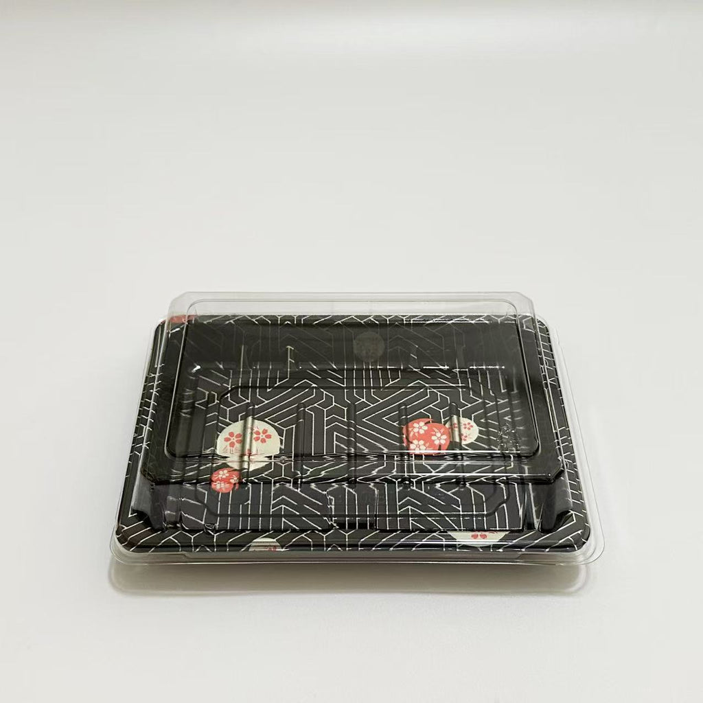 ST-3-008 Heavy Duty Sakura/Black Sushi Tray Out Tray With Clear Lid 100sets