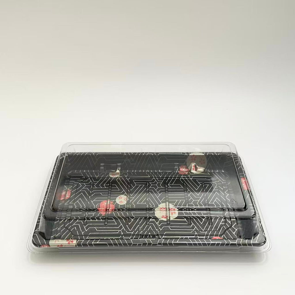 ST-5-015 8.7x5.6x1.8in Heavy Duty Blue/Black/Sakura PET Sushi Trays with Lids 100/200/400 Sets