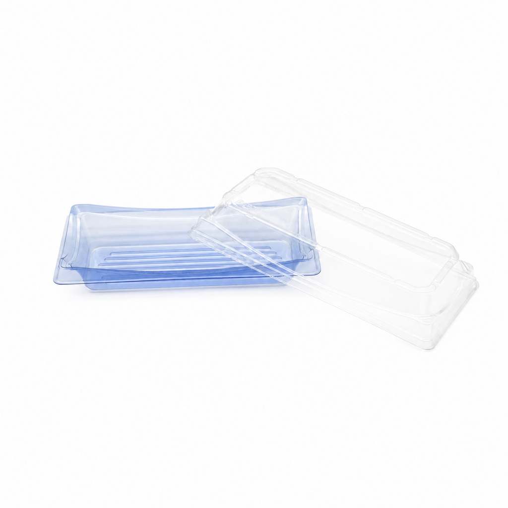STI-20 Heavy Duty Blue Rectangle Sushi Sashimi PET Tray with Clear Lid 400sets