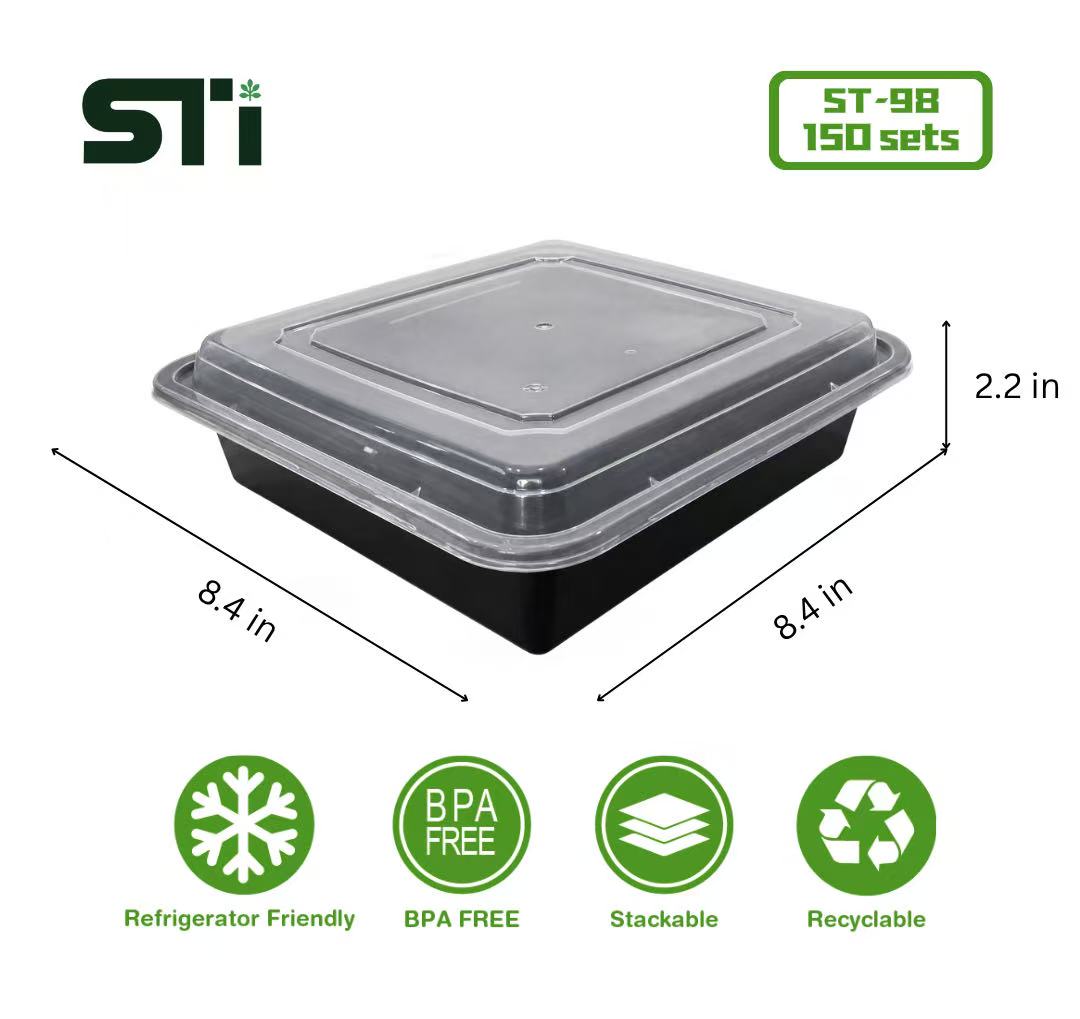 150sets Square Reusable 48oz Black PP Meal Prep Containers with Lids 8.4*8.4*2.2in