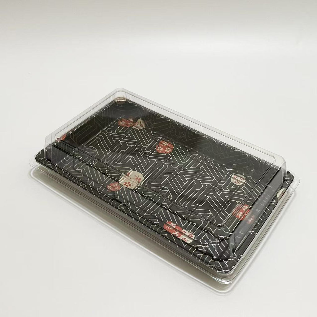 ST-6-020 9.6x6x1.8in Heavy Duty Blue/Black/Sakura PET Sushi Trays with Lids 100/200/400 Sets
