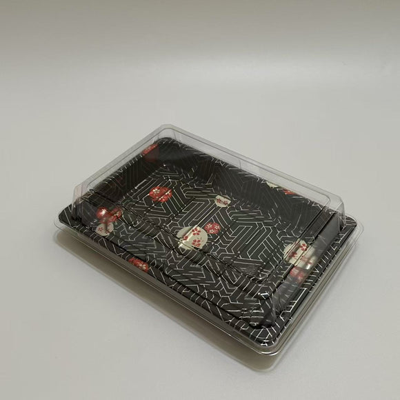 ST-4-010 Heavy Duty Sakura/Black Sushi Tray with Clear Lid 100sets