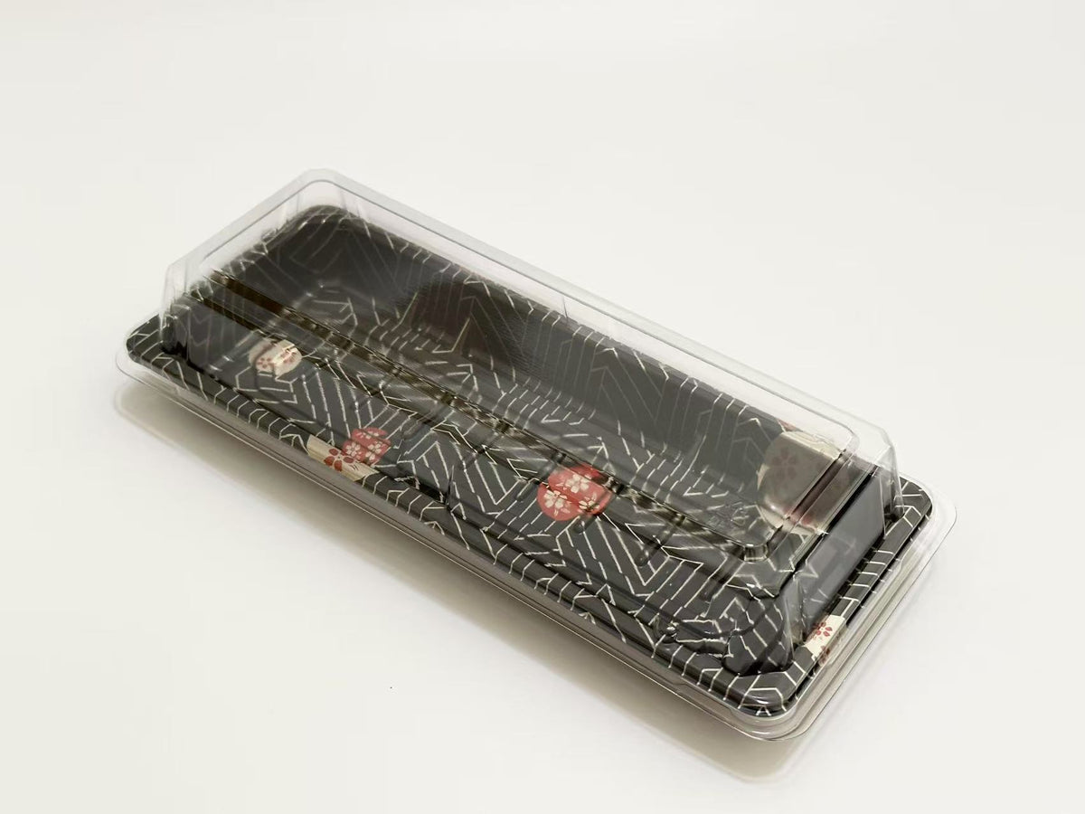 ST-2-001 8.9x3.9x1.8in Heavy Duty Blue/Black/Sakura PET Sushi Trays food container with Lids 100/200/400 Sets