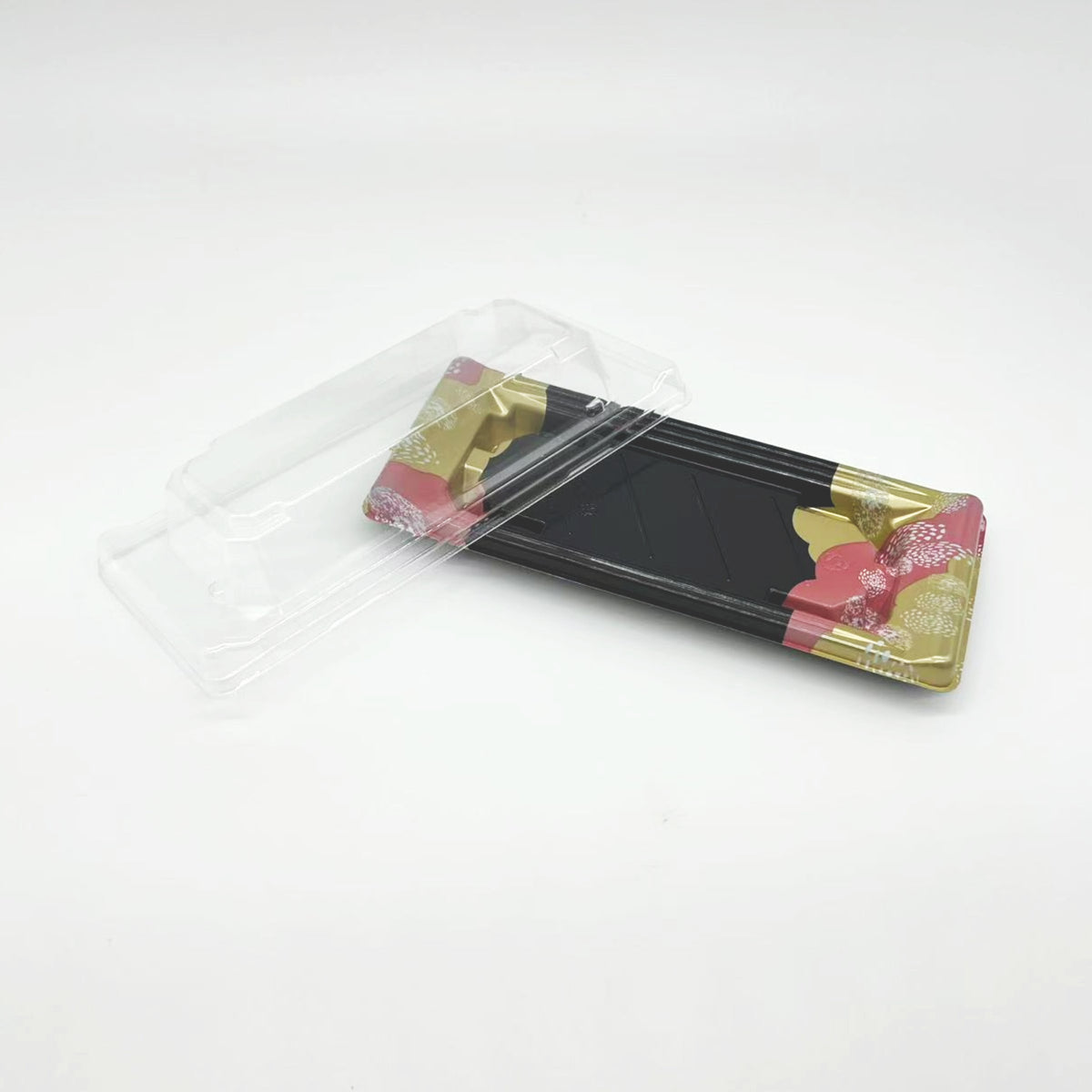 200 sets Red&Gold Pattern Base Sushi Tray with Clear Lid
