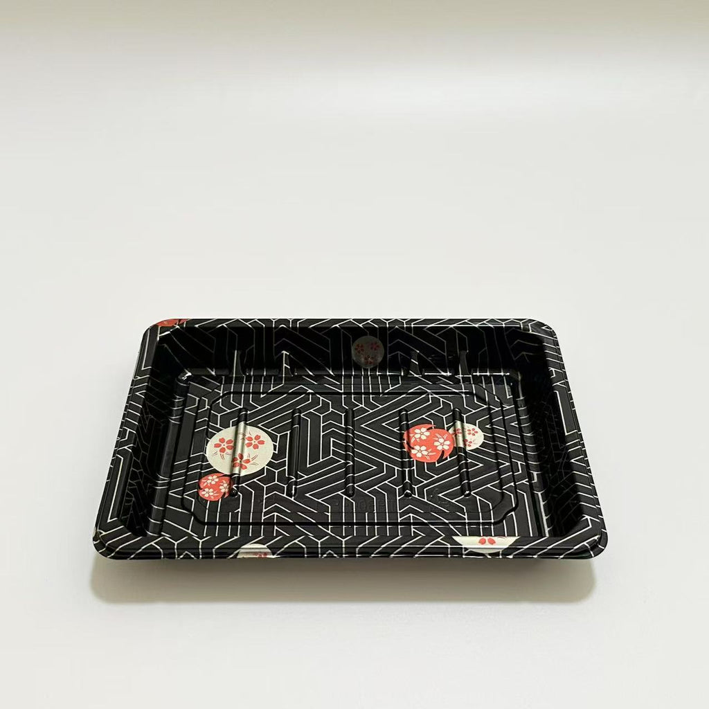 ST-3-008 Heavy Duty Sakura/Black Sushi Tray Out Tray With Clear Lid 100sets
