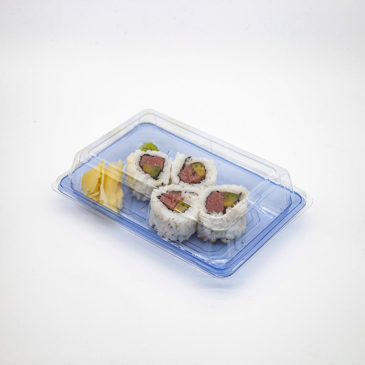ST-3-008 6.8x4.8x1.8in Heavy Duty Blue/Black/Sakura PET Sushi Trays with Lids 100/200/400 Sets
