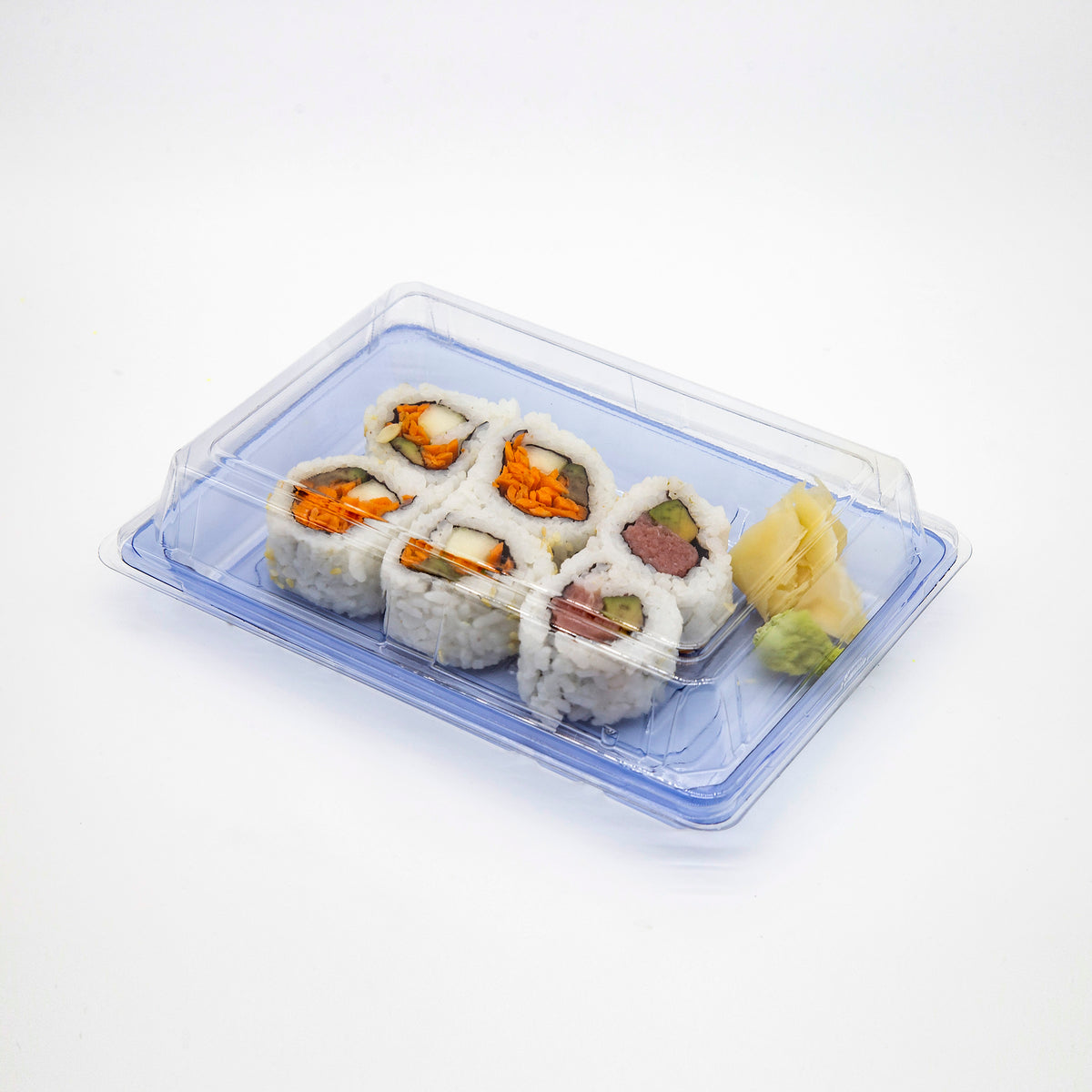 ST-4-010 7.5x5.2x1.8in Heavy Duty Blue/Black/Sakura PET Sushi Trays with Lids 100/200/400 Sets