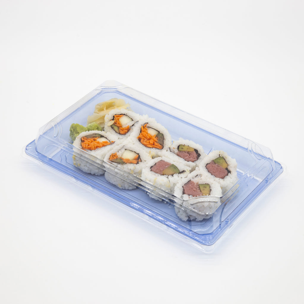 ST-5-015 8.7x5.6x1.8in Heavy Duty Blue/Black/Sakura PET Sushi Trays with Lids 100/200/400 Sets