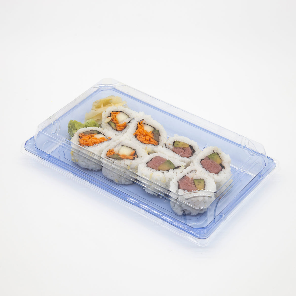 ST-5-015 8.7x5.6x1.8in Heavy Duty Blue/Black/Sakura PET Sushi Trays with Lids 100/200/400 Sets