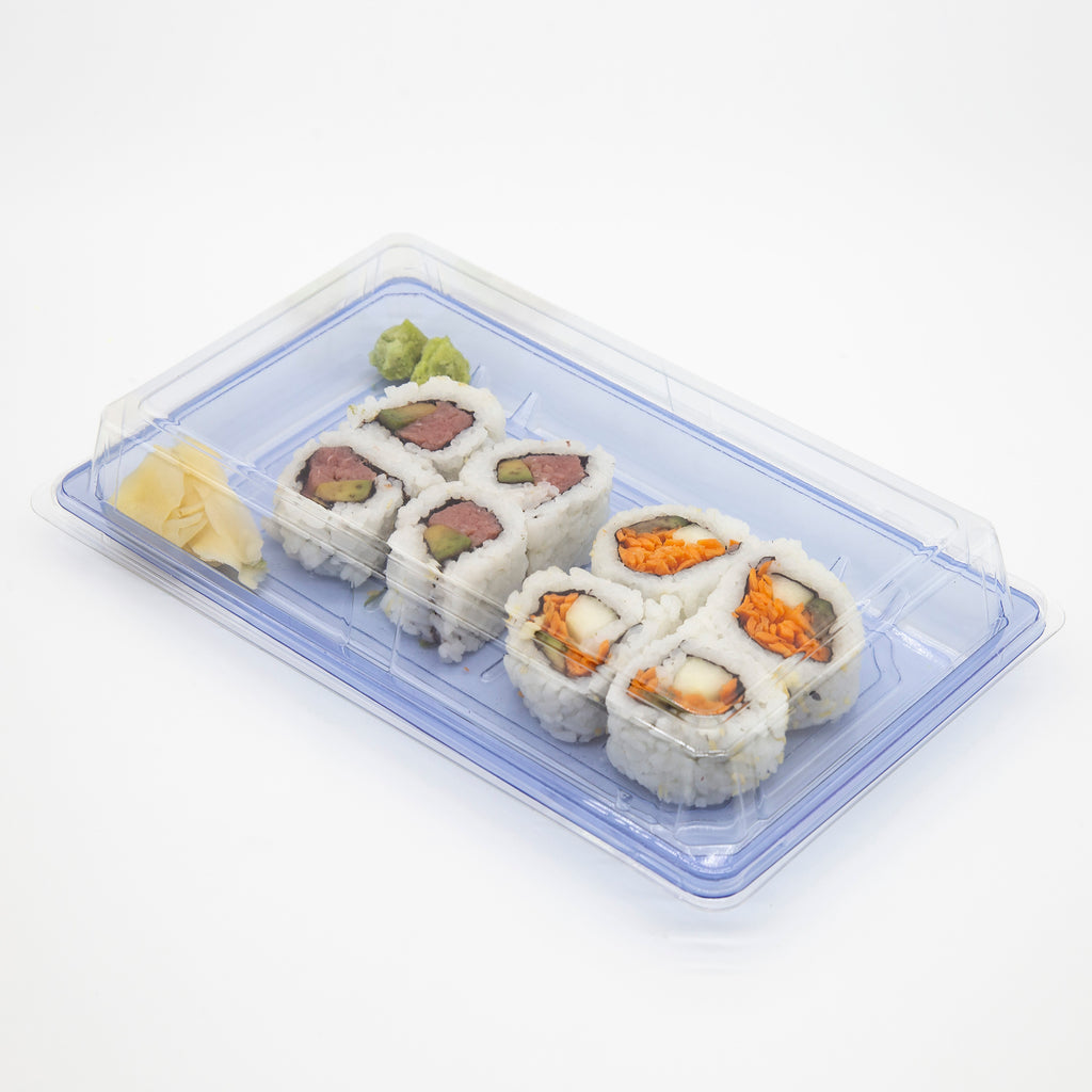ST-6-020 9.6x6x1.8in Heavy Duty Blue/Black/Sakura PET Sushi Trays with Lids 100/200/400 Sets