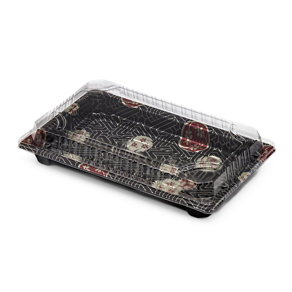ST-8-025 Sakura/Black Sushi Tray Sushi With Clear Lid 84sets