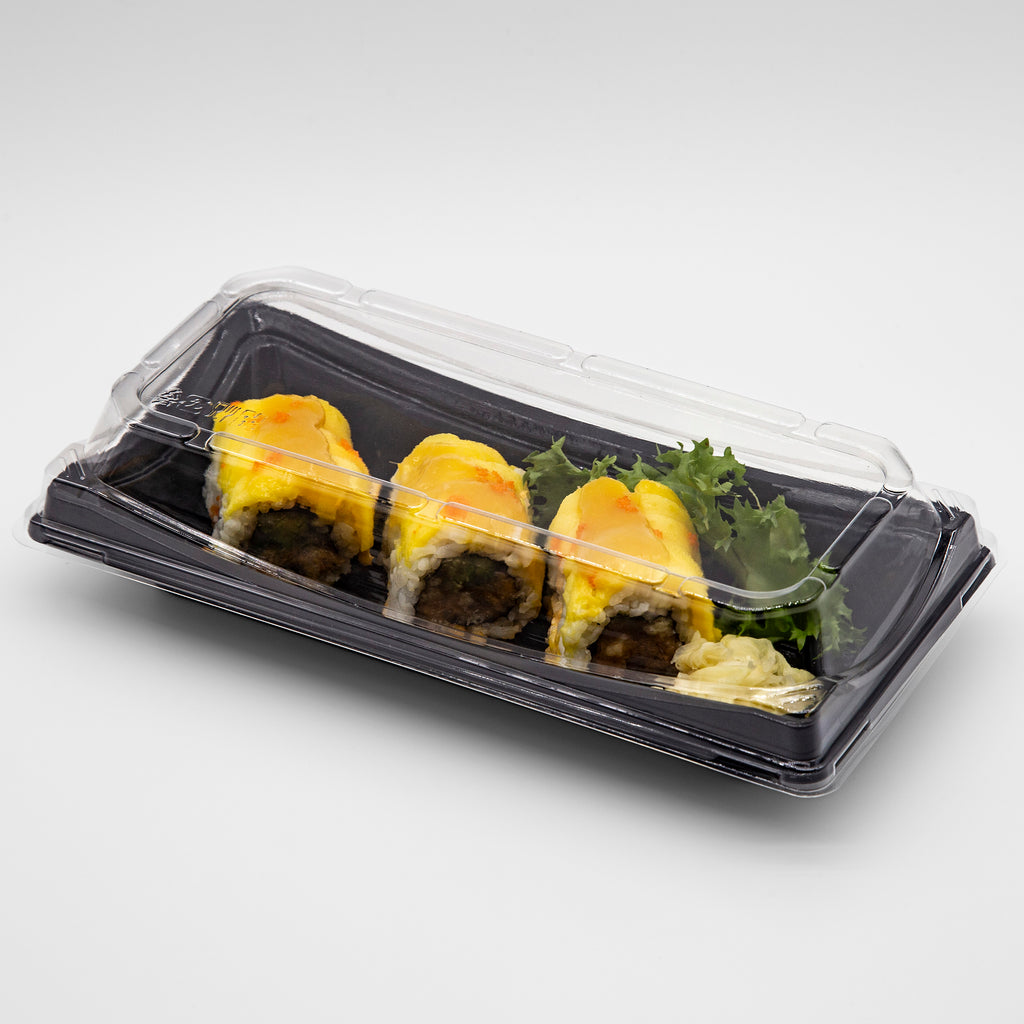 STI-30 Heavy Duty Blue/Black Rectangle Sushi PET Tray with Lid 100sets
