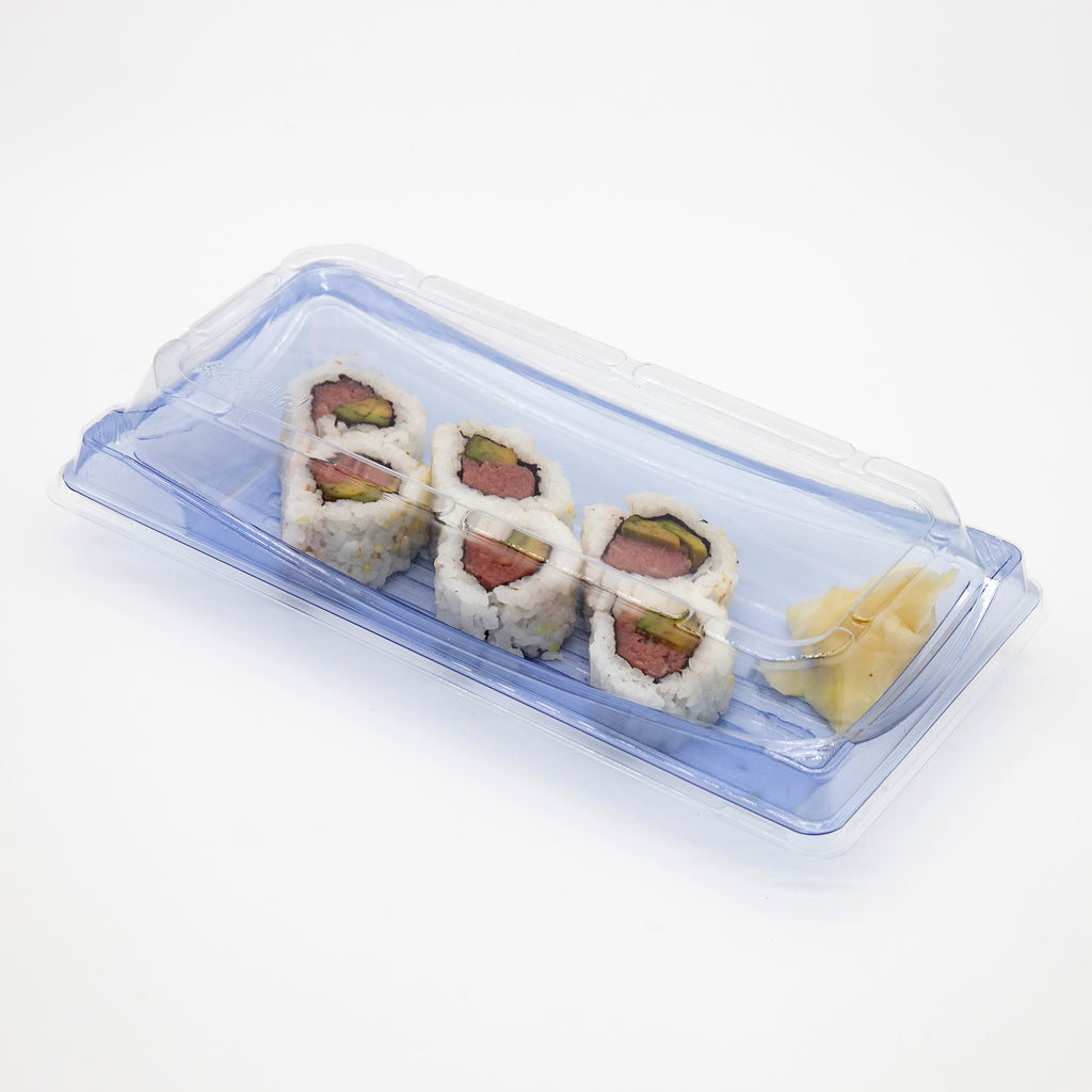 STI-30 Heavy Duty Blue/Black Rectangle Sushi PET Tray with Lid 100sets
