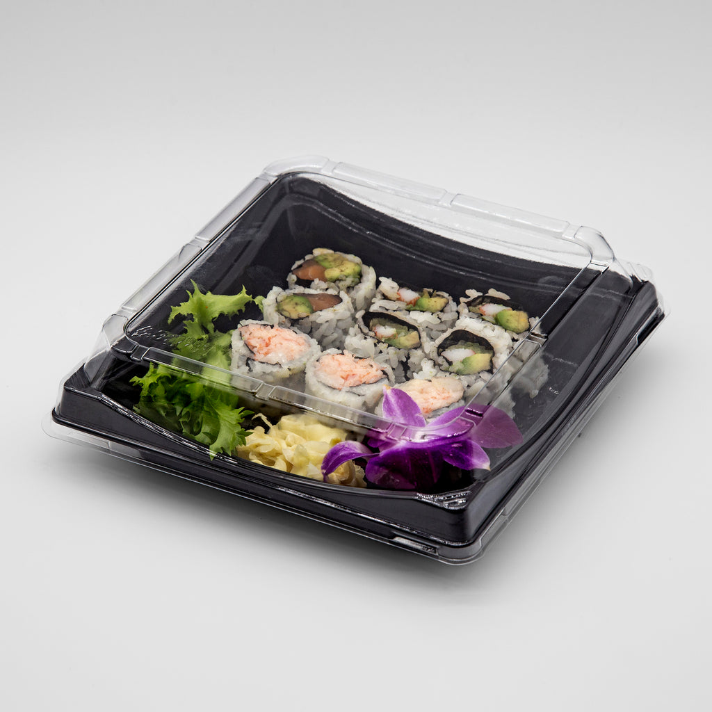 STI-40 Heavy Duty Blue/Black Rectangle Sushi PET Tray with Lid 100sets