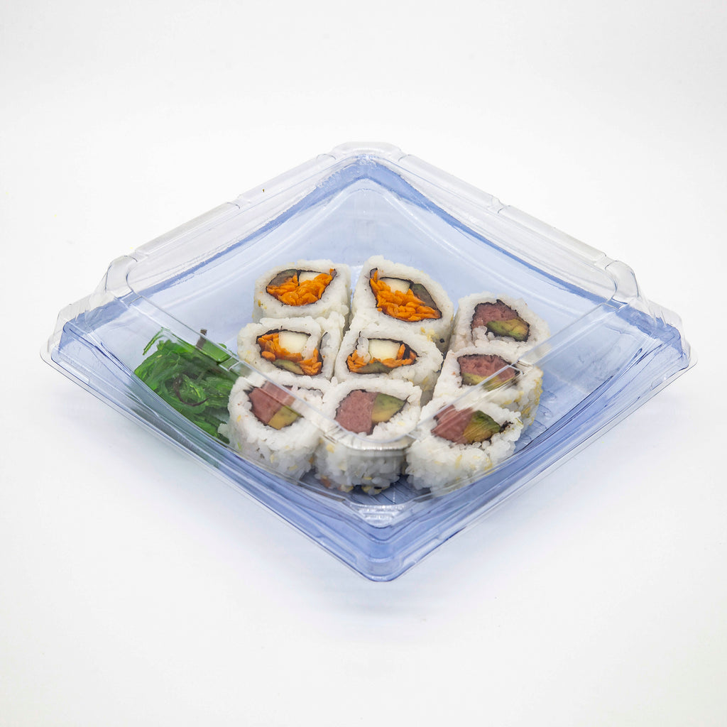 STI-40 Heavy Duty Blue/Black Rectangle Sushi PET Tray with Lid 100sets