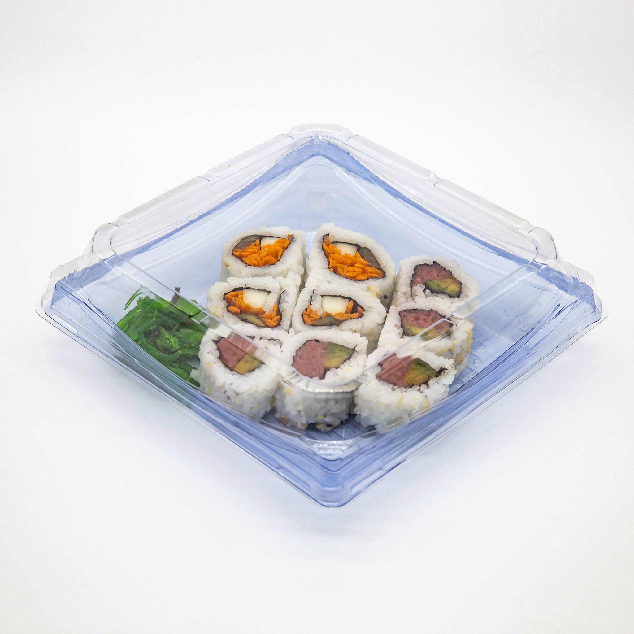 STI-40 Heavy Duty Blue/Black Rectangle Sushi PET Tray with Lid
