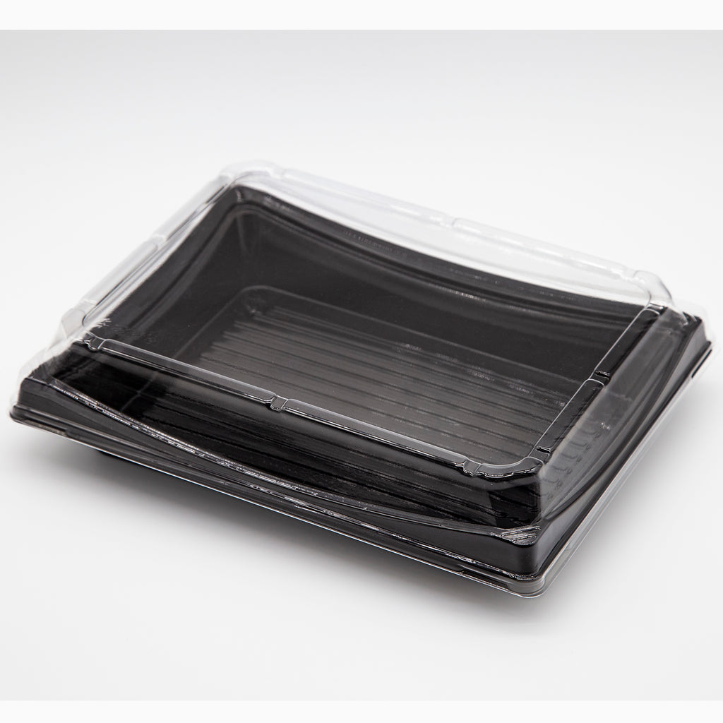 STI-50 Heavy Duty Blue/Black Rectangle Sushi PET Tray with Lid 100sets