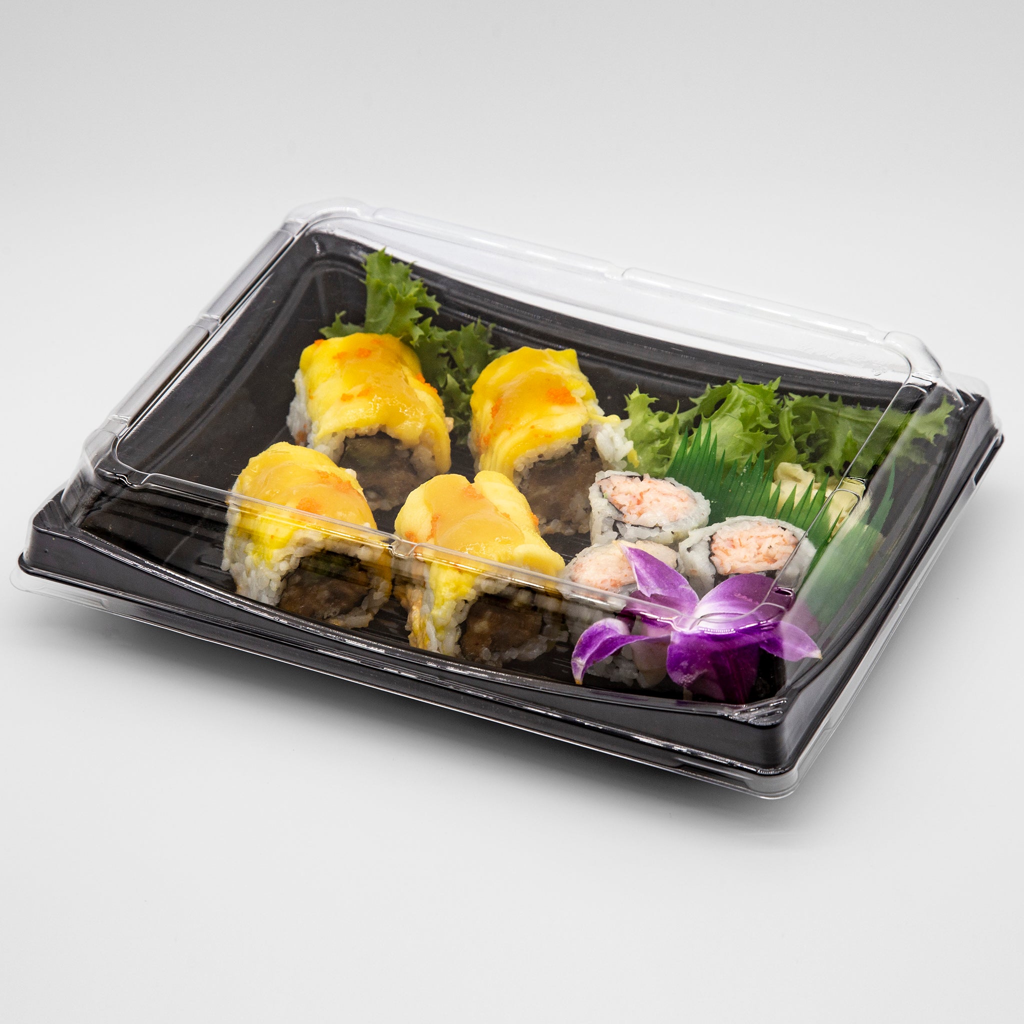 STI-50 Heavy Duty Blue/Black Rectangle Sushi PET Tray with Lid