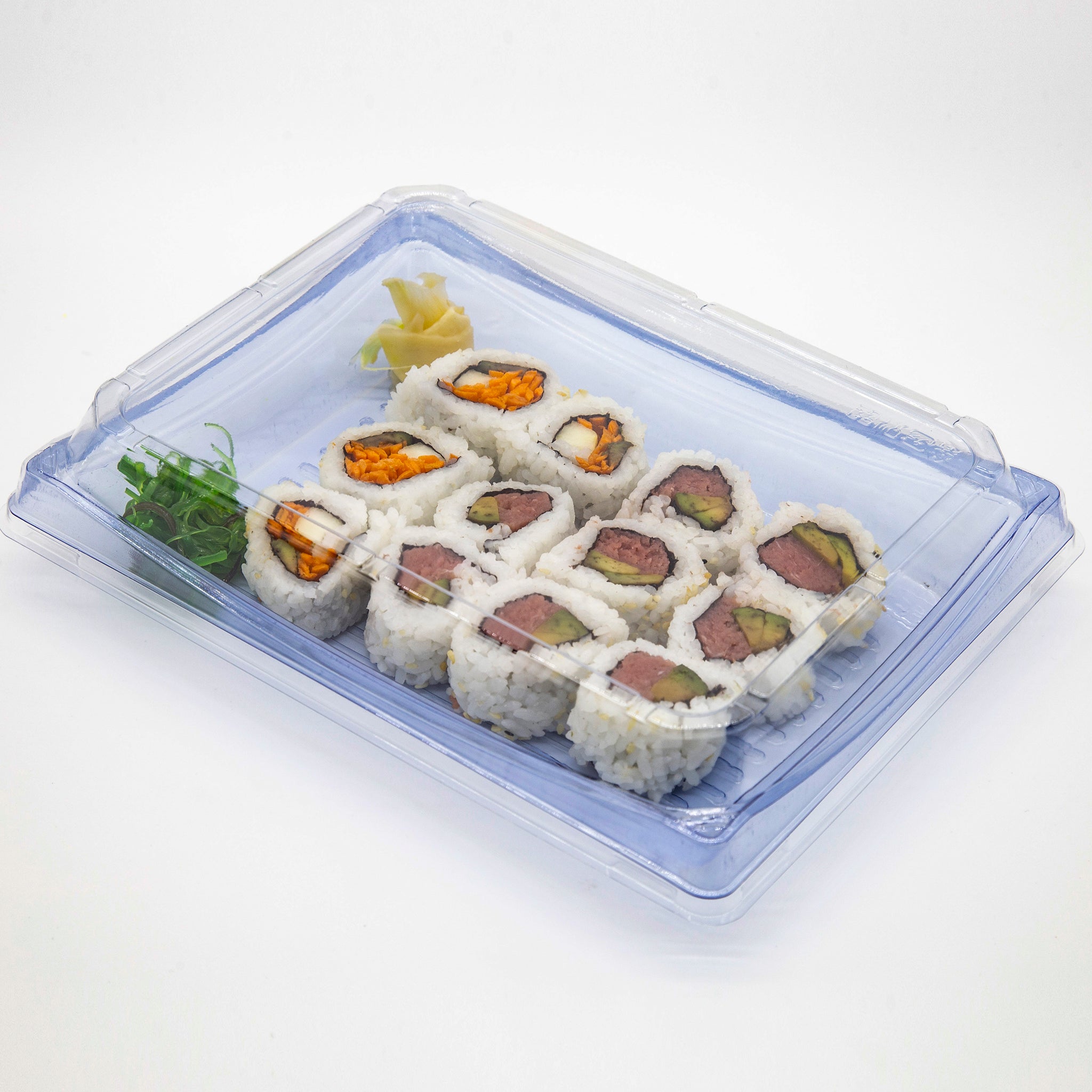 STI-50 Heavy Duty Blue/Black Rectangle Sushi PET Tray with Lid