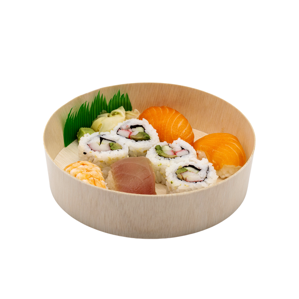 6" Round Wooden Sushi Container with Lid, Eco-Friendly Takeout Food Box, Disposable Sushi Tray for Noodle Salad Catering | WBR-01