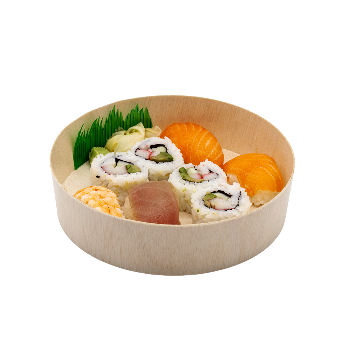 6" Round Wooden Sushi Container with Lid, Eco-Friendly Takeout Food Box, Disposable Sushi Tray for Noodle Salad Catering | WBR-01