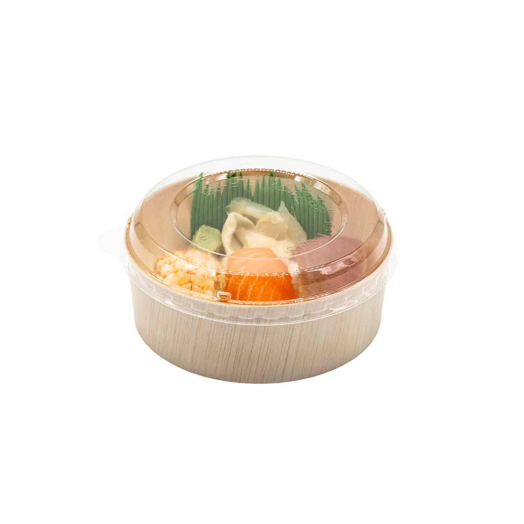 5" Round Wooden Sushi Container with Lid, Eco-Friendly Takeout Food Box, Disposable Sushi Tray for Noodle Salad Catering | WBR-05
