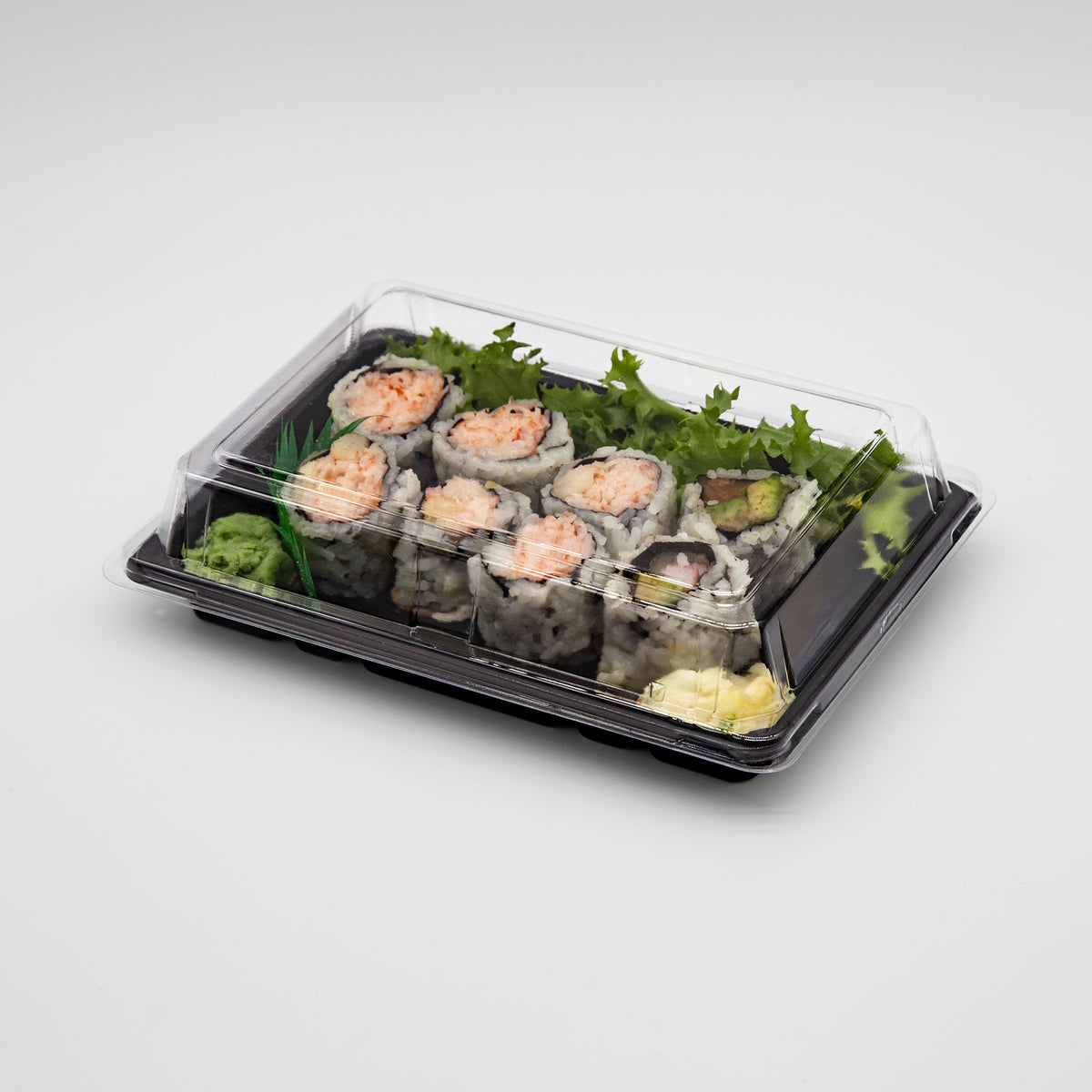 ST-3-008 6.8x4.8x1.8in Heavy Duty Blue/Black/Sakura PET Sushi Trays with Lids 100/200/400 Sets