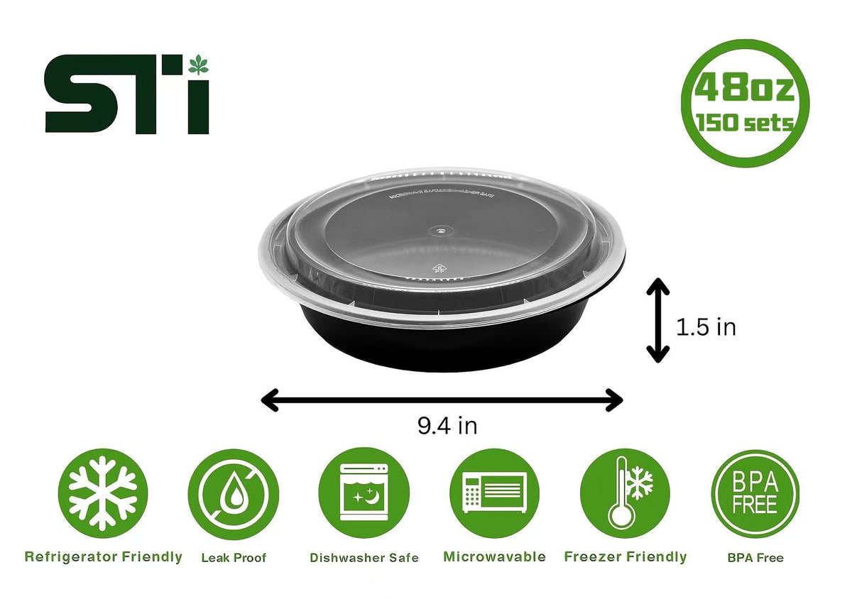 48oz Round Plastic Microwaveable Food Container 150 sets/cs
