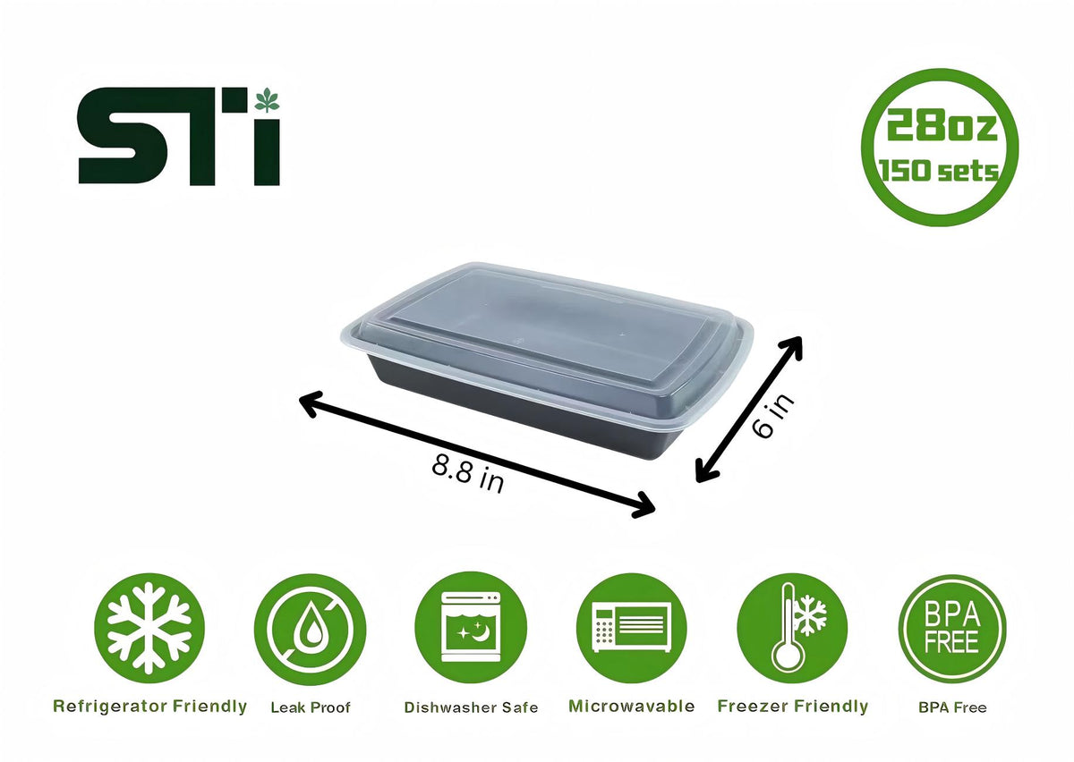 28oz Rectangular Plastic Microwaveable Food Container 150 sets/cs