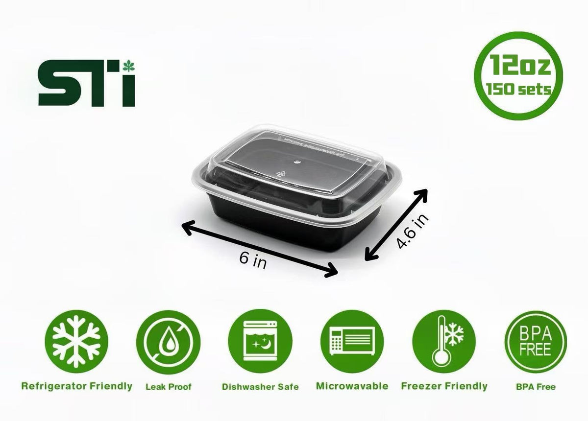 12oz Rectangular Plastic Microwaveable Food Container 150 sets/cs