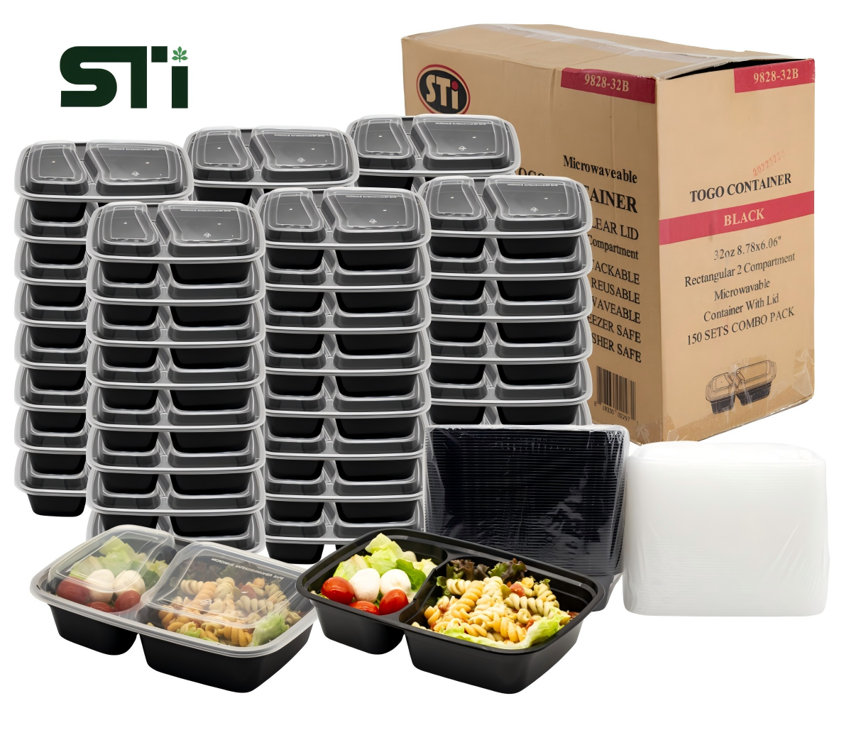 32oz  2 compartments Rectangular Plastic Microwaveable Food Container 150 sets/cs