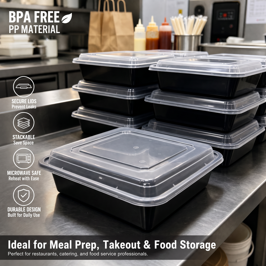 150sets Square Reusable 48oz Black PP Meal Prep Containers with Lids 8.4*8.4*2.2in