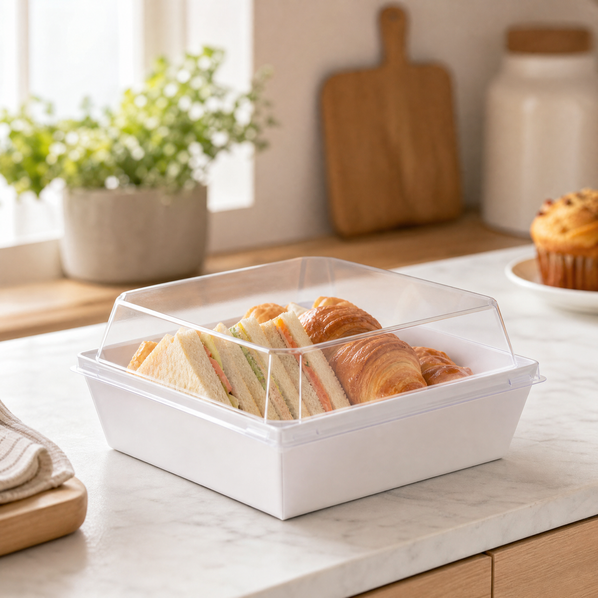100Sets White Cake Boxes with Clear Lids,Takeout Square Paper Sandwich Container