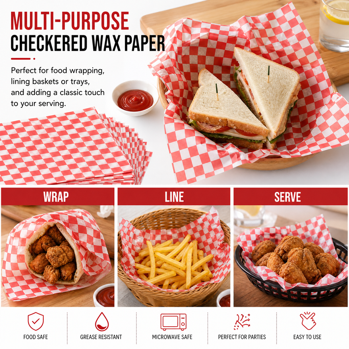 1000 Pcs Red and White Checkered Greaseproof Wax Paper Sheets for Food, 12x12 / 14x14 Inch