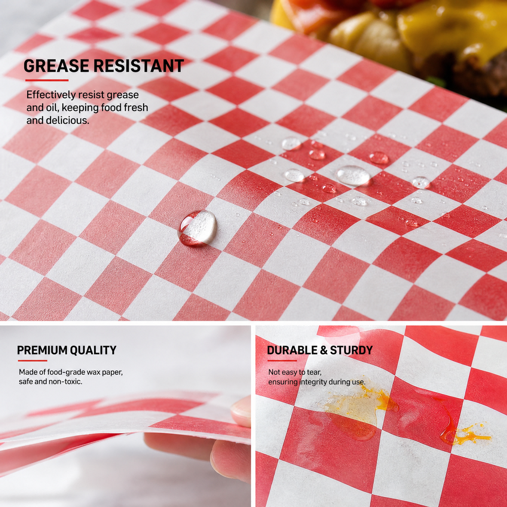 1000 Pcs Red and White Checkered Greaseproof Wax Paper Sheets for Food, 12x12 / 14x14 Inch