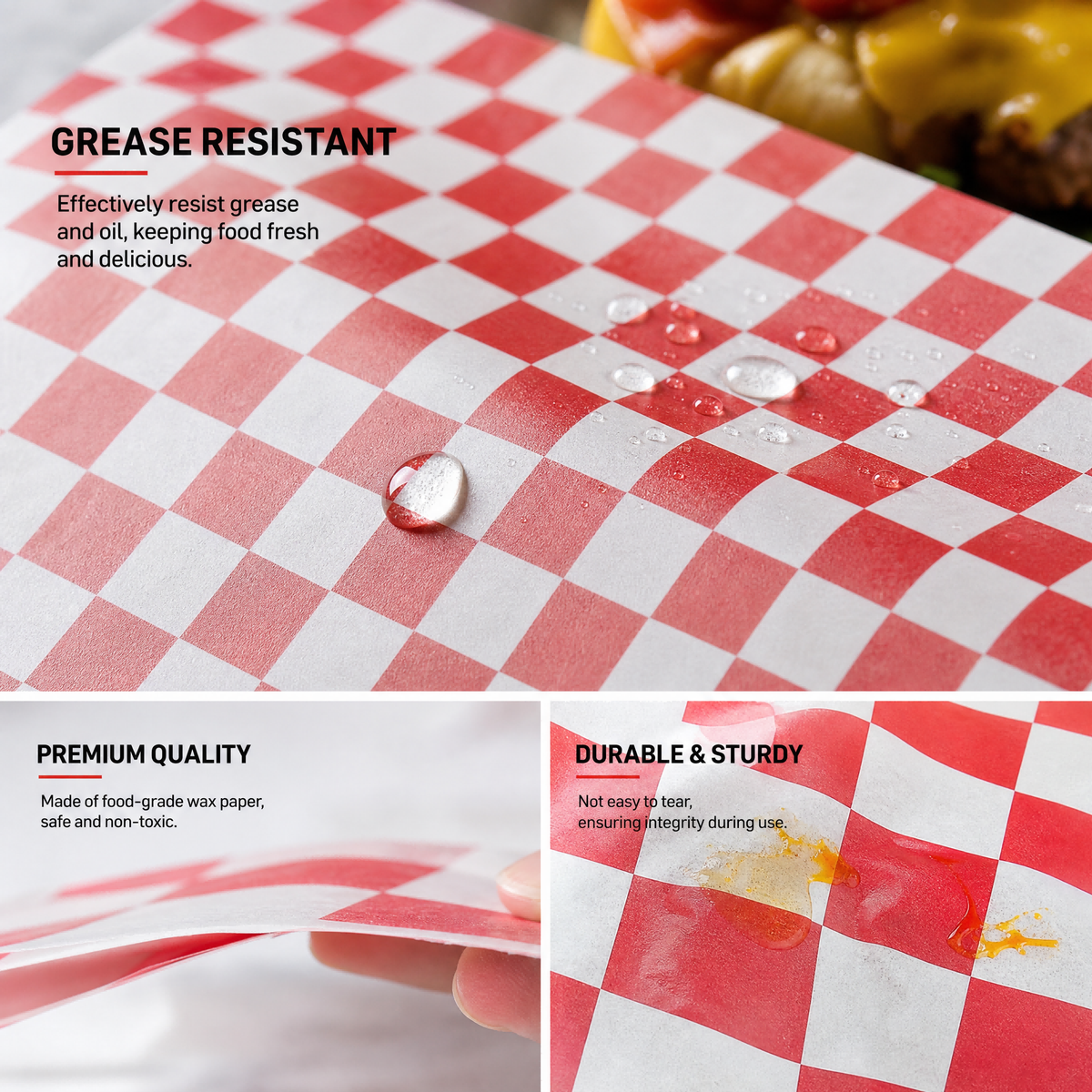 1000 Pcs Red and White Checkered Greaseproof Wax Paper Sheets for Food, 12x12 / 14x14 Inch