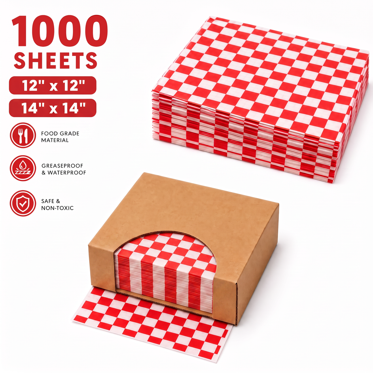 1000 Pcs Red and White Checkered Greaseproof Wax Paper Sheets for Food, 12x12 / 14x14 Inch