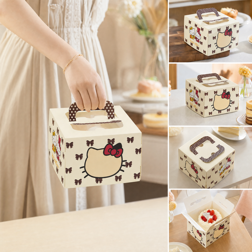 25pcs 10"x10"x6" Sanrio Hello Kitty Large Cake Box with Handle，Cute Anime Bakery Packing Box with Window
