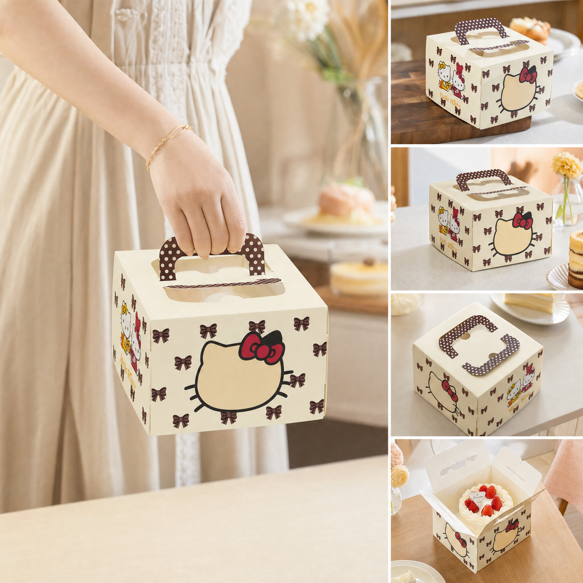 25pcs 10"x10"x6" Sanrio Hello Kitty Large Cake Box with Handle，Cute Anime Bakery Packing Box with Window