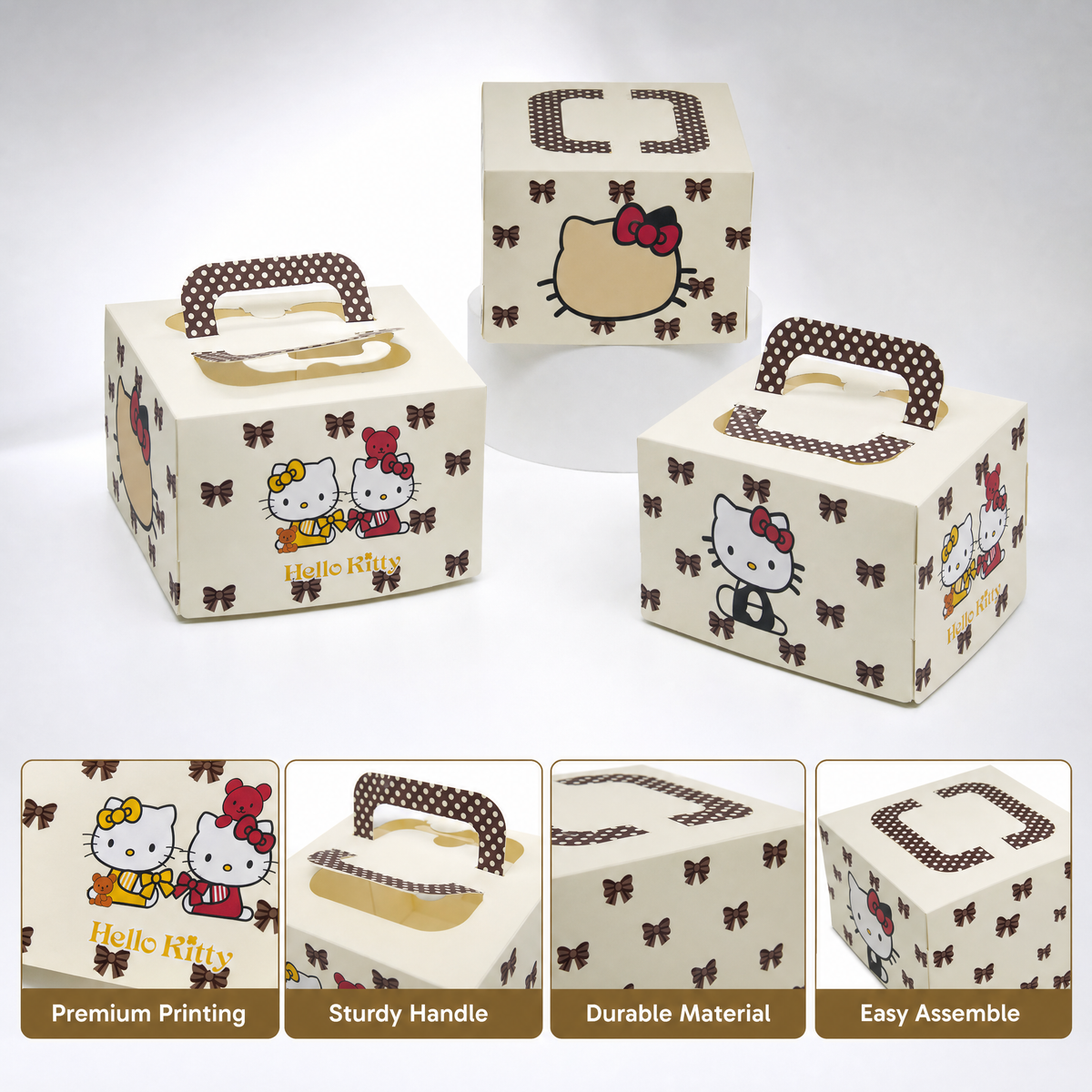 25pcs 10"x10"x6" Sanrio Hello Kitty Large Cake Box with Handle，Cute Anime Bakery Packing Box with Window