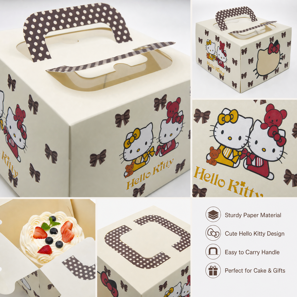 25pcs 10"x10"x6" Sanrio Hello Kitty Large Cake Box with Handle，Cute Anime Bakery Packing Box with Window
