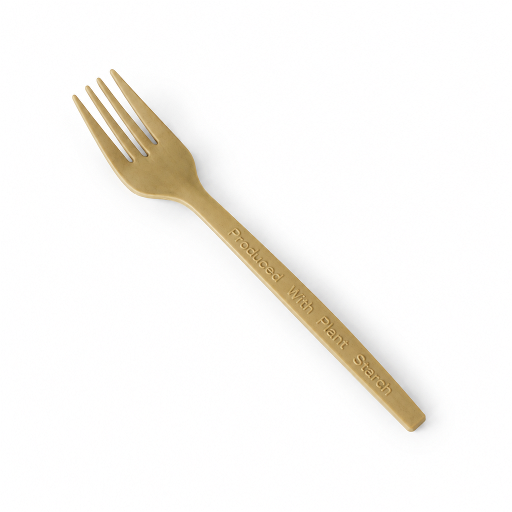 1000pcs Plant Starch Fork 170mm Gold | Flat Handle with Embossed Text | Biodegradable Disposable Fork