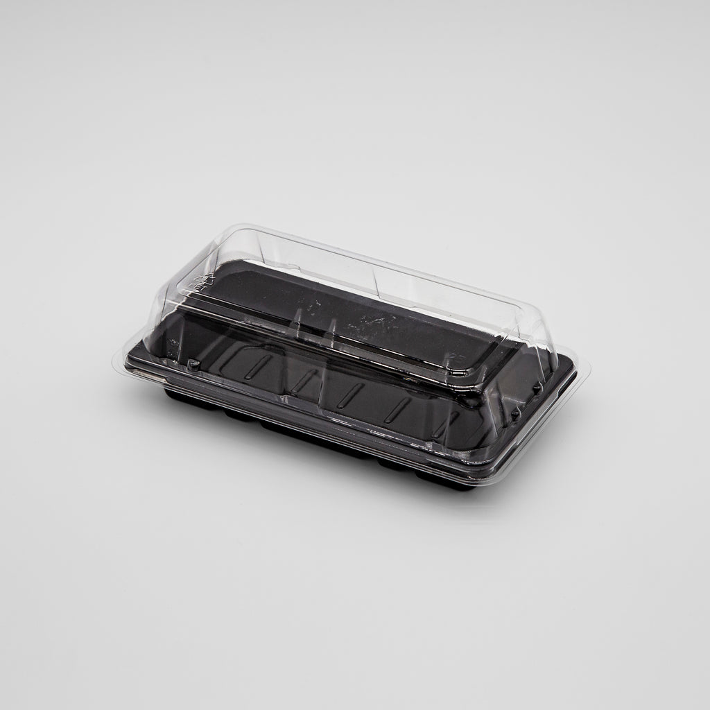ST-1-006 | 6.7x3.9x1.8in Heavy Duty PET Sushi Trays with Lids, Blue/Black/Sakura Bases with Clear Lids, 100/200/400 sets