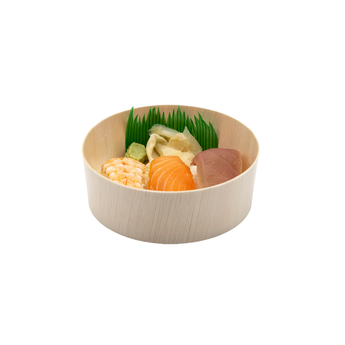 5" Round Wooden Sushi Container with Lid, Eco-Friendly Takeout Food Box, Disposable Sushi Tray for Noodle Salad Catering | WBR-05