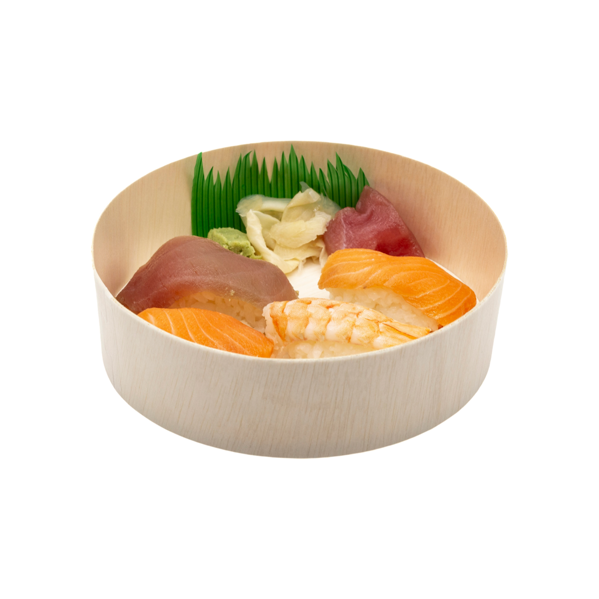 6.9" Round Wooden Sushi Container with Lid, Eco-Friendly Takeout Food Box, Disposable Sushi Tray for Noodle Salad Catering | WBR-03