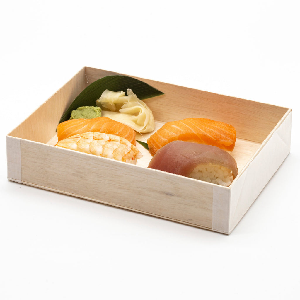 WBFD-120 - 6.5"x 4.72" Foldable Rectangular Wooden Container Togo Food Sushi Box Serving Trays with Lids