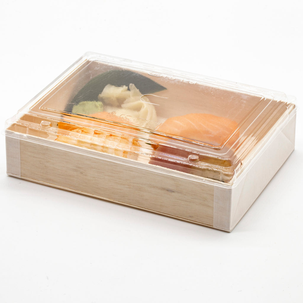 WBFD-120 - 6.5"x 4.72" Foldable Rectangular Wooden Container Togo Food Sushi Box Serving Trays with Lids
